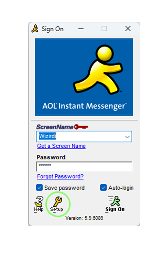 AIM sign-on screen with the setup button