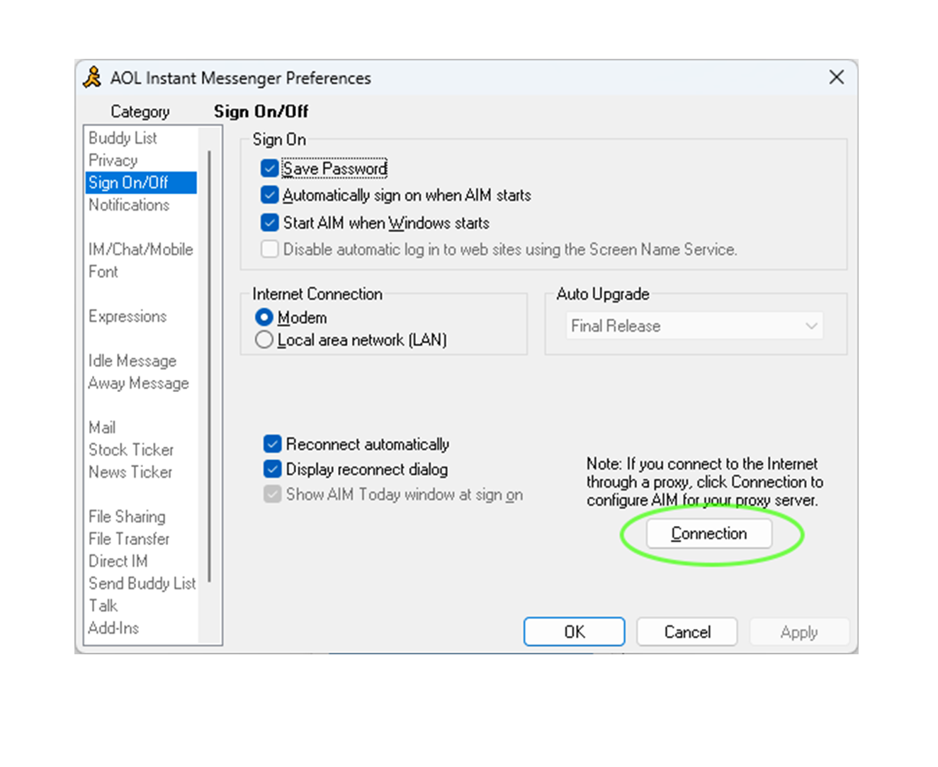 AIM preferences window showing connection settings