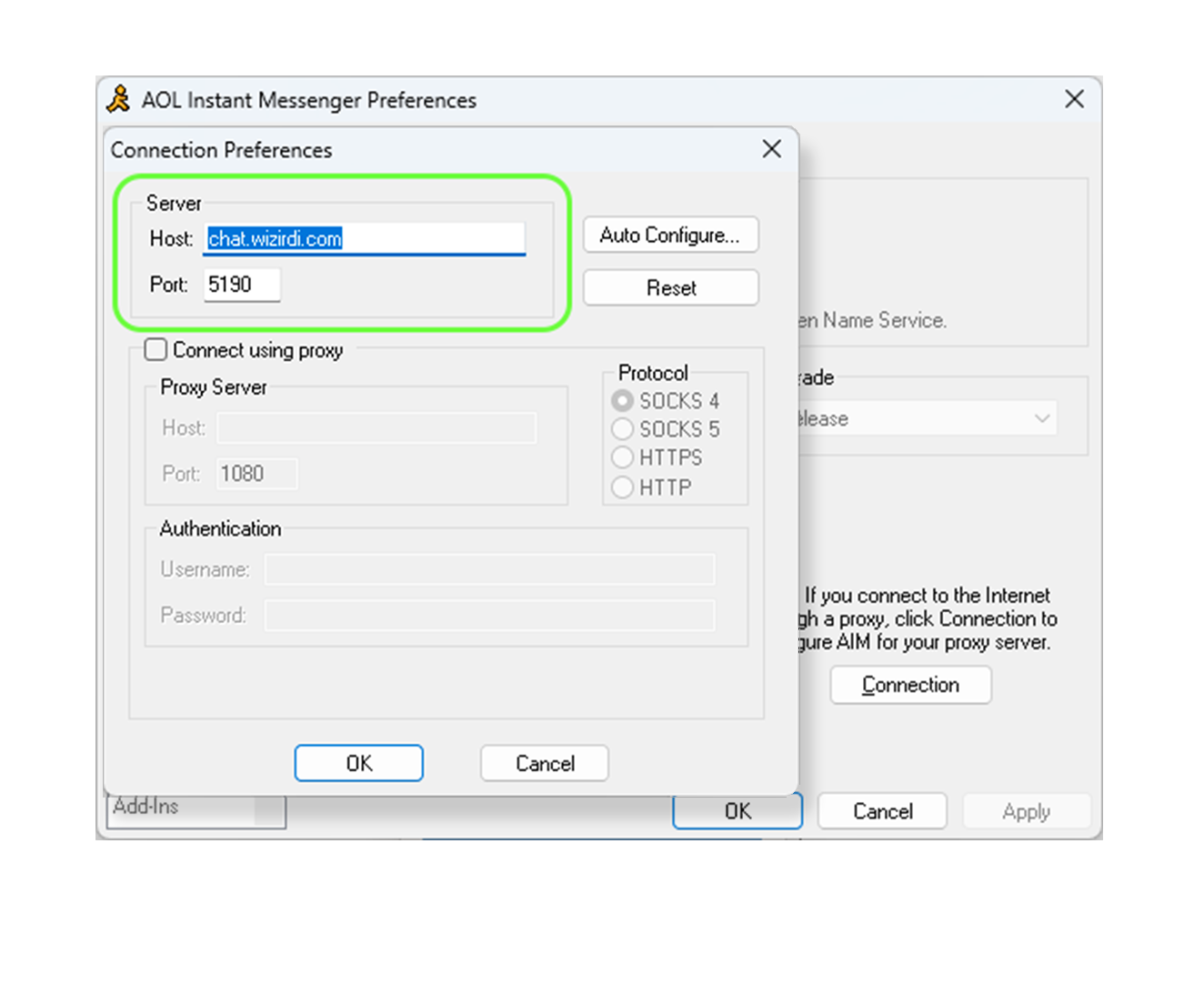 AIM host and port dialog